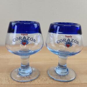Corazon Tequila Shot Sipper Glasses– Set of Two 4 oz – Blue Rim Handblown Style